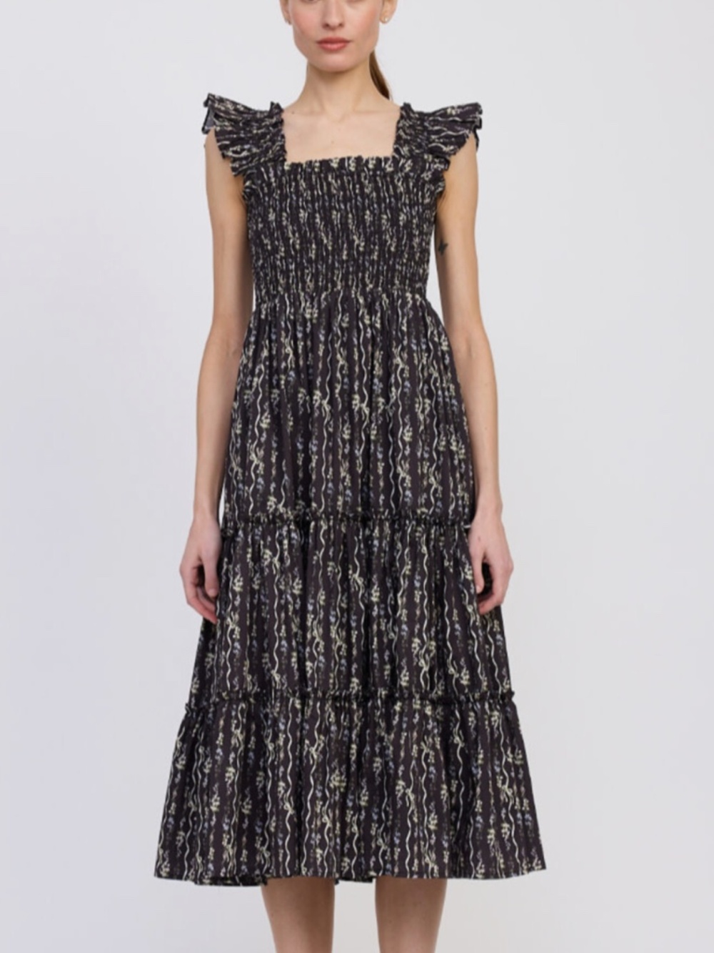 En Saison Anthropologie Cotton Tiered Midi Dress Black Ribbons Floral Print NWOT